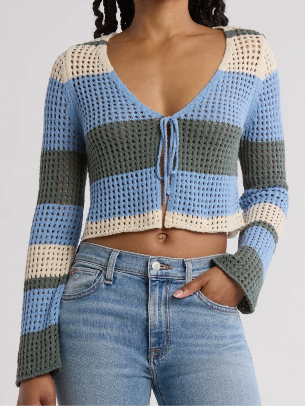 Abound Tie Front Open Stitch Striped Crochet Crop Cardigan Blue Olive & Cream